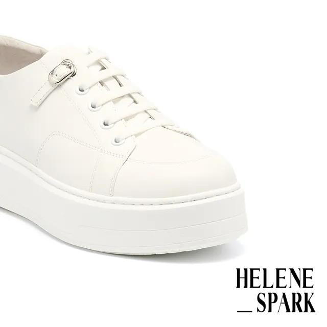 【HELENE_SPARK】舒適質感彈力鞋帶釦牛皮厚底休閒鞋(白)