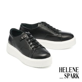 【HELENE SPARK】舒適質感彈力鞋帶釦牛皮厚底休閒鞋(黑)