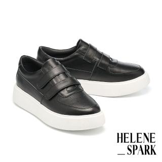 【HELENE SPARK】日常百搭魔鬼氈雙寬帶全真皮厚底休閒鞋(黑)