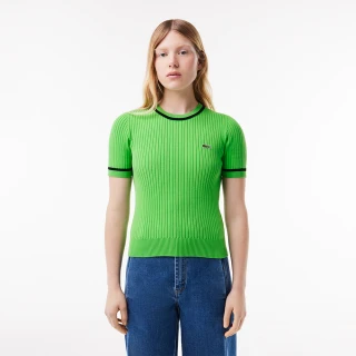 【LACOSTE】女裝-法國製 針織無縫圓領短袖毛衣(亮綠色)