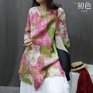 【初色】復古風滴濺印花寬鬆顯瘦V領七分長袖T恤上衣女上衣-粉綠色-34756(L-2XL可選)
