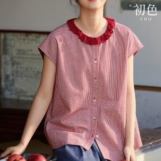 【初色】復古風蕾絲花邊圓領蓋肩袖無袖格紋背心襯衫上衣女上衣-共2色-34800(M-2XL可選)