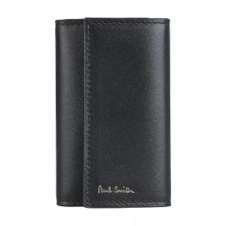 【Paul Smith】PAUL SMITH燙金字LOGO小牛皮拼接小羊皮內壓釦式6鉤環鑰匙包(黑x內裡多色)