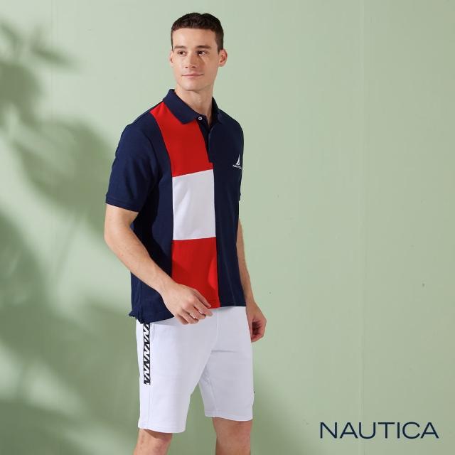 【NAUTICA】男裝 休閒拼接撞色LOGO短袖POLO衫(深藍)