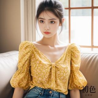 【初色】燈籠袖V字綁帶短袖T恤上衣雪紡女上衣-黃色-34744(M-2XL可選)