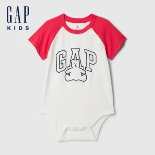 【GAP】嬰兒裝 Logo純棉小熊印花圓領短袖包屁衣-紅白拼接(434527)