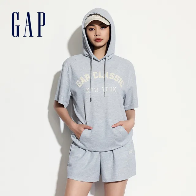 【GAP】女裝 Logo刺繡短袖帽T-灰色(520594)