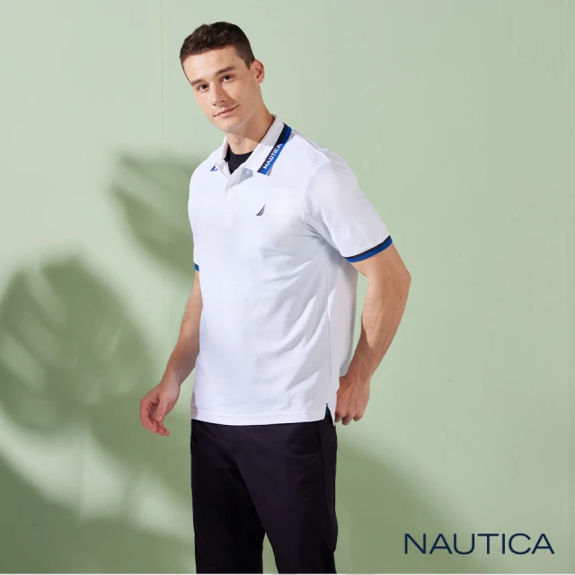 NAUTICA 男裝 撞色拼接條紋拉鍊短袖POLO衫(黑色)