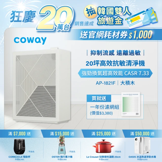 【Coway】Coway 10-20坪 高效雙禦空氣清淨機 AP-1821F(加贈一年份濾網組)