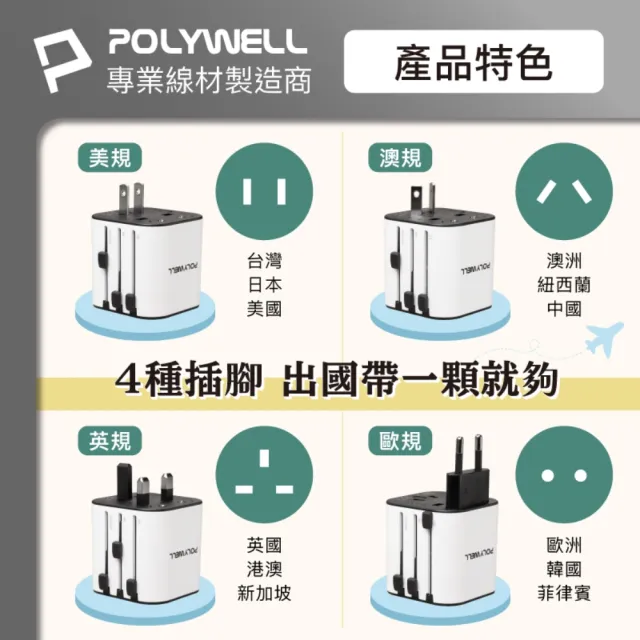 【POLYWELL】旅行充電器加多國轉接頭 Type-C+雙USB-A