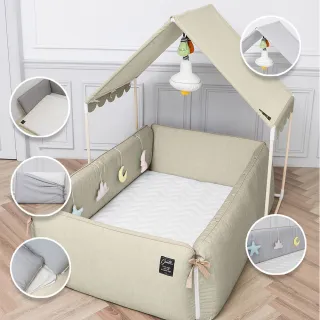 【gunite】多功能落地式沙發嬰兒床/陪睡床0-6歲六件組 床墊+床圍+止滑墊+床邊吊飾+屋頂+燈泡吊飾(瑞典綠)