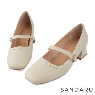 【SANDARU 山打努】瑪莉珍 珍珠鑽飾粗跟鞋(米白)