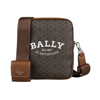 【BALLY】BALLY Bhenn經典燙印白字字母LOGO復古印花PVC拼接牛皮拉鍊斜揹包(摩卡棕x焦糖棕)