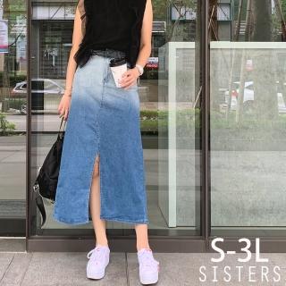 【SISTERS】現貨 拉長比例的漸層刷色彈力牛仔裙 長裙/S-3L(新品/女長裙/裙裝/裙子/牛仔長裙/丹寧/顯瘦)