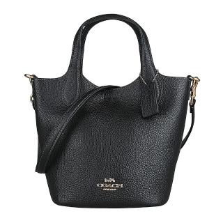 【COACH】Hanna金色金屬LOGO荔枝紋牛皮手提斜背水桶包(小/黑)