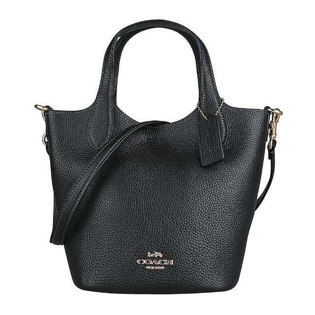【COACH】Hanna金色金屬LOGO荔枝紋牛皮手提斜背水桶包(小/黑)