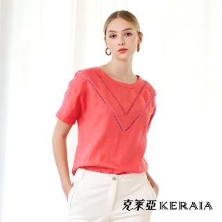 【KERAIA 克萊亞】Sweet珊瑚橘蕾絲拼接麻料上衣