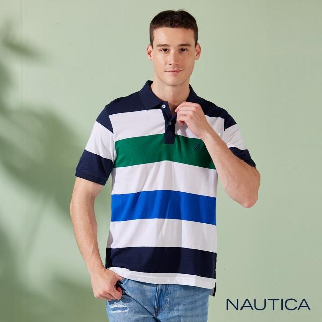 【NAUTICA】男裝 純棉休閒撞色條紋短袖POLO衫(藍白)