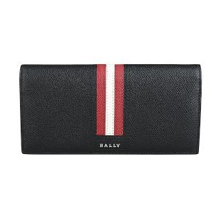 【BALLY】TALIRO銀色金屬LOGO紅白條紋粒面牛皮10卡對折長夾(黑)