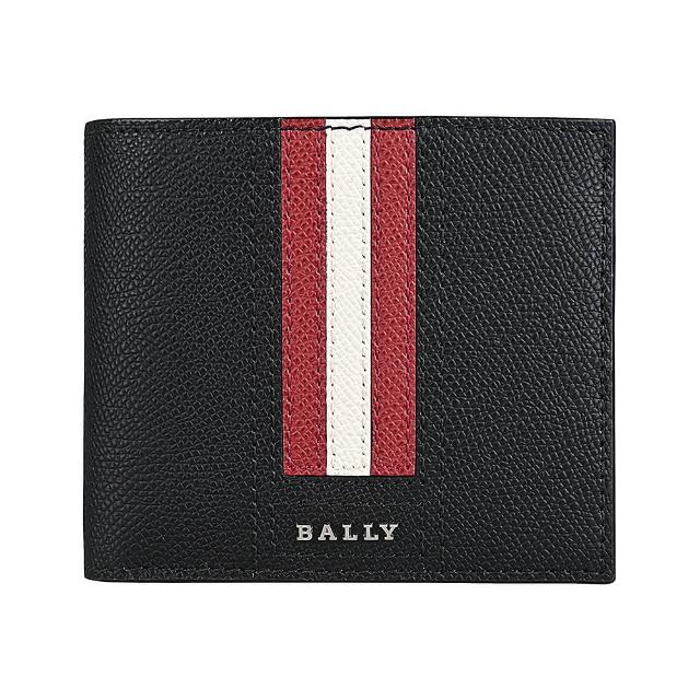 【BALLY】TVEYE 銀字金屬LOGO紅白條紋粒面牛皮10卡對折短夾(黑)