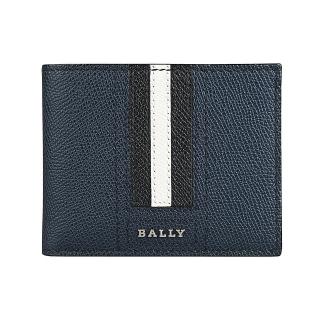 【BALLY】TVEYE銀字金屬LOGO黑白條紋粒面牛皮6卡對折短夾(深藍)