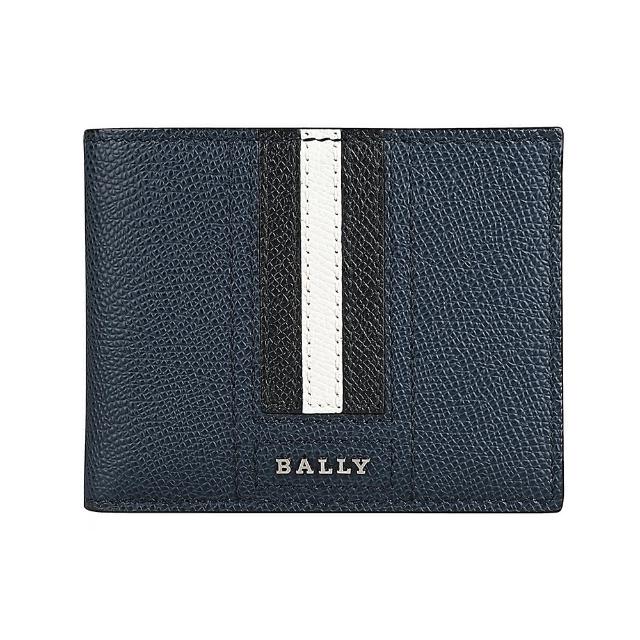 【BALLY】TVEYE銀字金屬LOGO黑白條紋粒面牛皮6卡對折短夾(深藍)