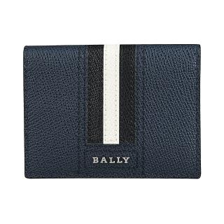 【BALLY】TALDER銀字金屬LOGO黑白條紋粒面牛皮6卡對折卡片夾(深藍)