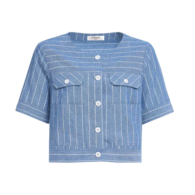 【OUWEY 歐薇】條紋棉麻短外套(藍色；XS-M；3242394024)
