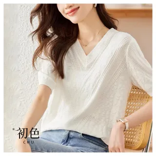 【初色】V領緹花鏤空短袖針織T恤上衣-白色-34057(F可選)