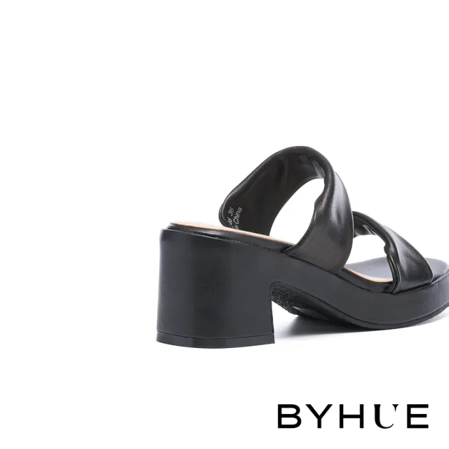 【BYHUE】韓系質感反摺雙寬帶軟羊皮軟芯方頭高跟拖鞋(黑)