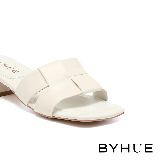【BYHUE】簡約韓系編織羊皮軟芯方頭低跟拖鞋(白)