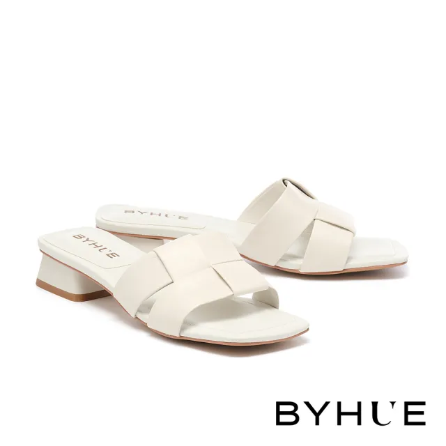 【BYHUE】簡約韓系編織羊皮軟芯方頭低跟拖鞋(白)