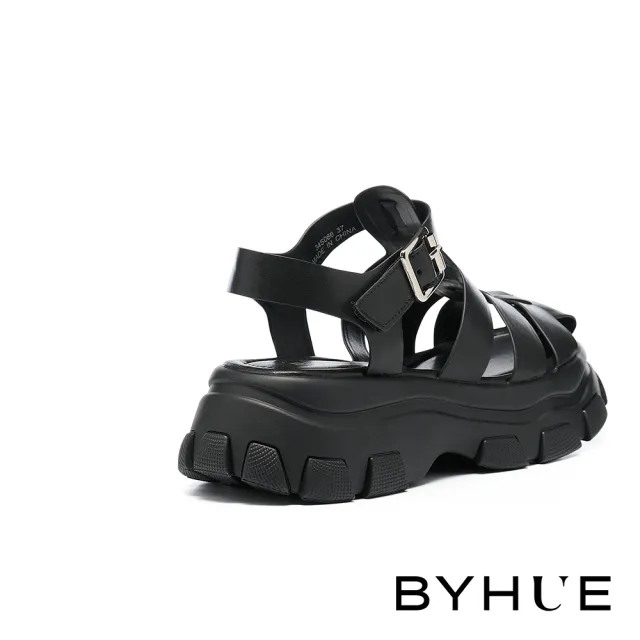 【BYHUE】簡約質感魚骨編織軟芯老爹厚底涼鞋(黑)