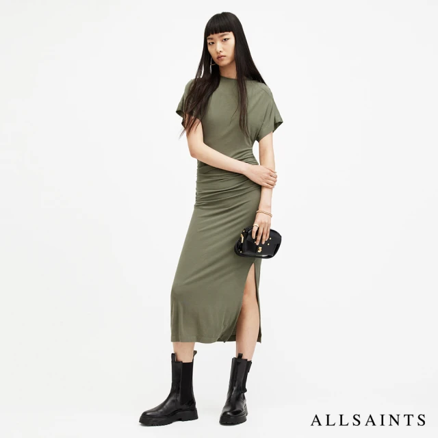 ALLSAINTS NATALIE 抽皺開岔修身中長版洋裝-綠 WD511Z(修身版型)