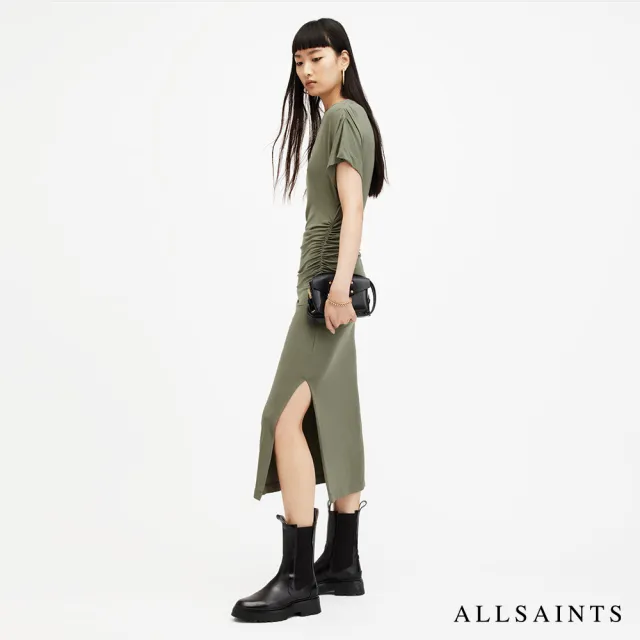 【ALLSAINTS】NATALIE 抽皺開岔修身中長版洋裝-綠 WD511Z(修身版型)