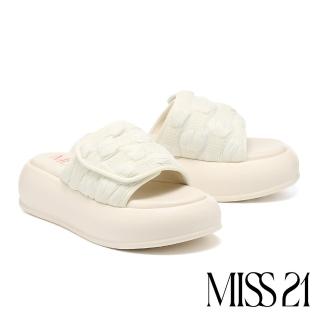 【MISS 21】微酸澎澎皺感方格魔鬼氈厚底拖鞋(米白)