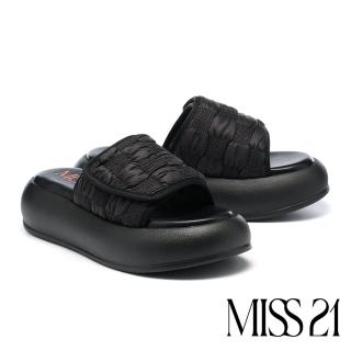 【MISS 21】微酸澎澎皺感方格魔鬼氈厚底拖鞋(黑)