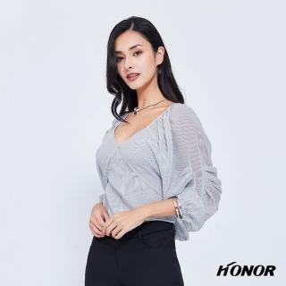 【HONOR 山形屋】寬V領條紋抓皺公主袖後綁帶透膚上衣