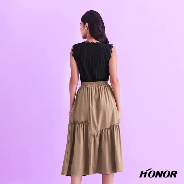 【HONOR 山形屋】不對稱抓皺拼接蛋糕下擺長裙-卡其/黑