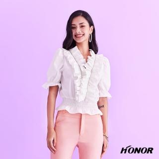 【HONOR 山形屋】抓皺水鑽條V領泡泡袖鬆緊下擺上衣