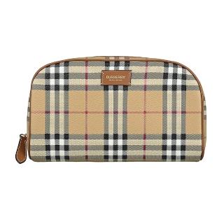 【BURBERRY 巴寶莉】BURBERRY牛皮壓印金字字母LOGO格紋設計PVC拉鍊化妝包(典藏米)
