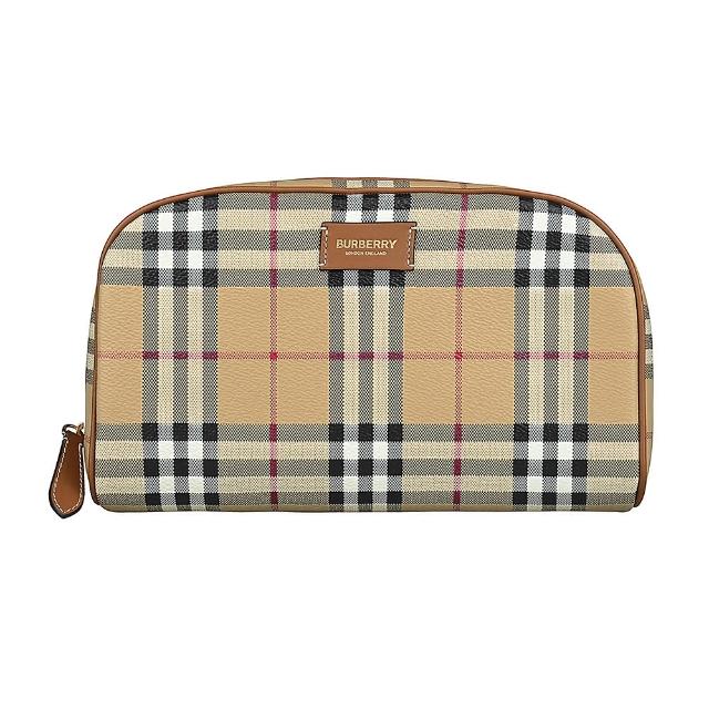 BURBERRY 巴寶莉 BURBERRY牛皮壓印金字字母LOGO格紋設計PVC拉鍊化妝包 典藏米