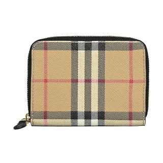 【BURBERRY 巴寶莉】BURBERRY圓方形復古經典格紋設計PVC 4卡拉鍊零錢包(典藏米)