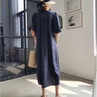 【ONEY 歐妮】★v領純色亞麻五分袖連身裙(女裝/洋裝/套裝/長版上衣/連身裙)