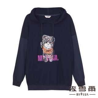 【MYVEGA 麥雪爾】亮片圖案落絨布肩連帽上衣-寶藍