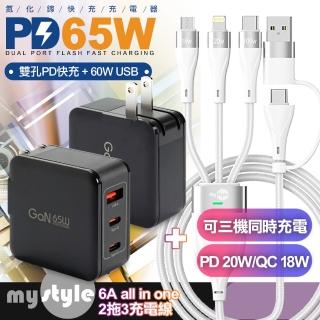 【CB】65W 氮化鎵快速充電器JT-G65B黑+MyStyle USB+TYPE-C TO TYPE-C/Lightning/Micro 快充線-白(1A2C)