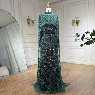 【女神婚紗禮服】輕奢高領珍珠披肩貴夫人長袖小魚尾晚禮服LA72032暗綠色(選美宴會敬酒 高級訂製晚禮服)