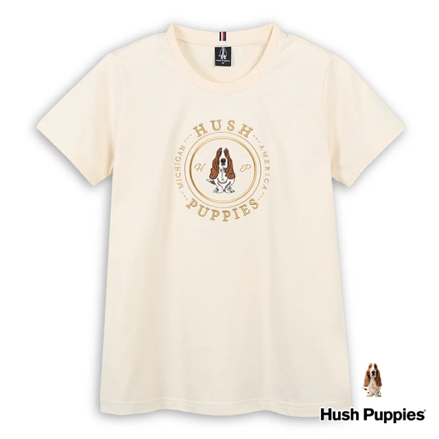 Hush Puppies 女裝 T恤 經典立體品牌圖騰造型刺繡狗T恤(淺卡其 / 43211106)