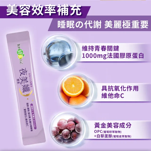 【我的健康日記】夜美孅酵素6盒組(共180包 劉品言代言)-膠原蛋白 維他命C 乳清蛋白 鉻 藤黃果