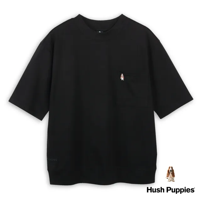 【Hush Puppies】男裝 上衣 素色冰涼面料寬鬆落肩短袖立領上衣(黑色 / 43110201)